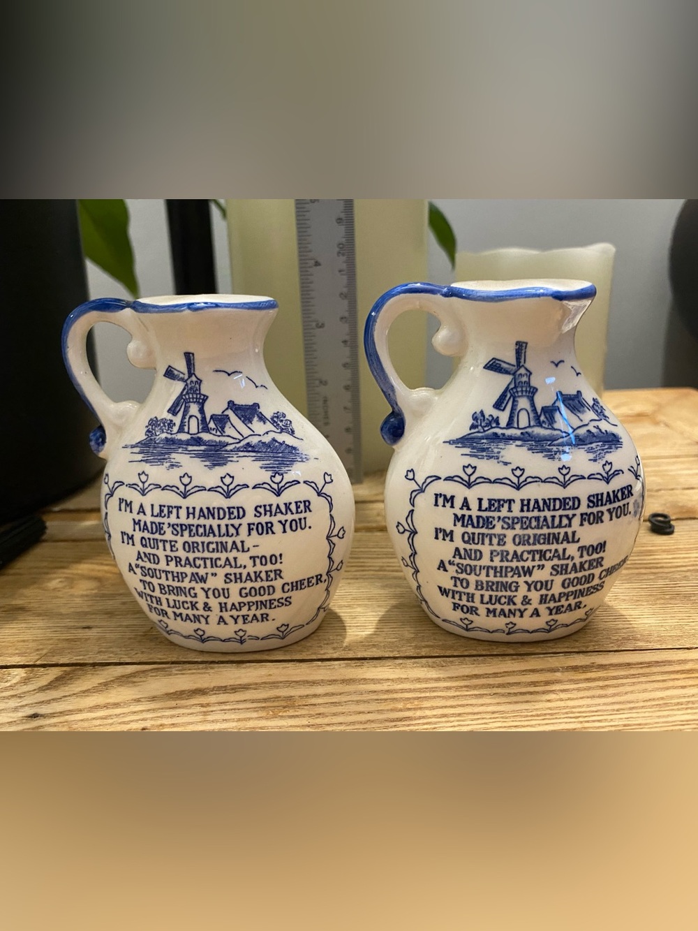 Vintage Blue & White Left Handed Shaker Set Dutch Windmill Pitchers Japan